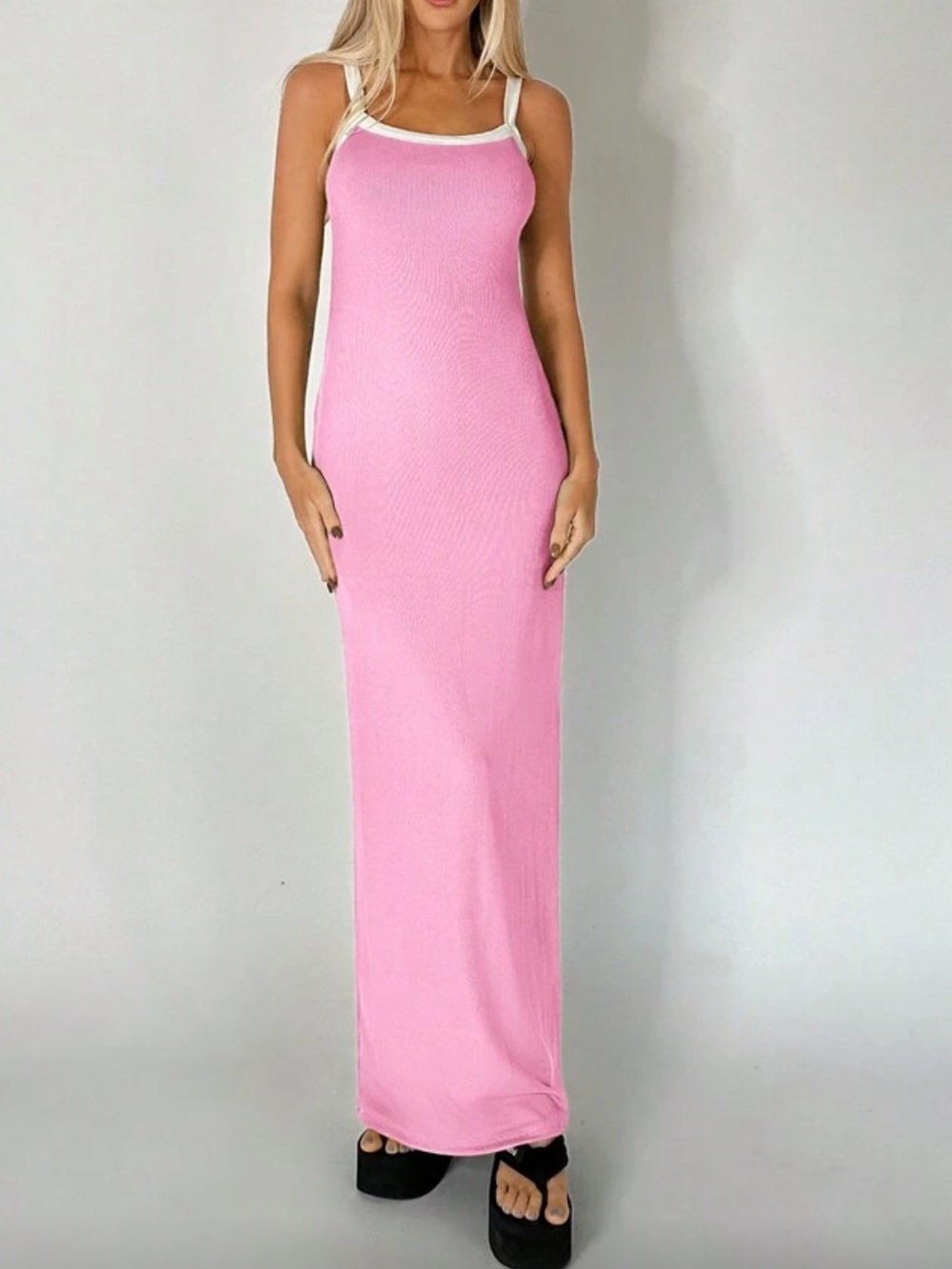 SHEIN Pink Maxi Dress with White Trim